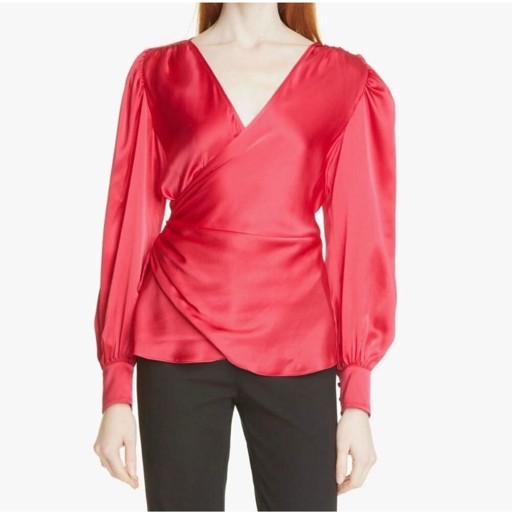 Cinq A Sept Dorothea Raspberry Pink Surplice Silk Ruched Blouse Size Medium
